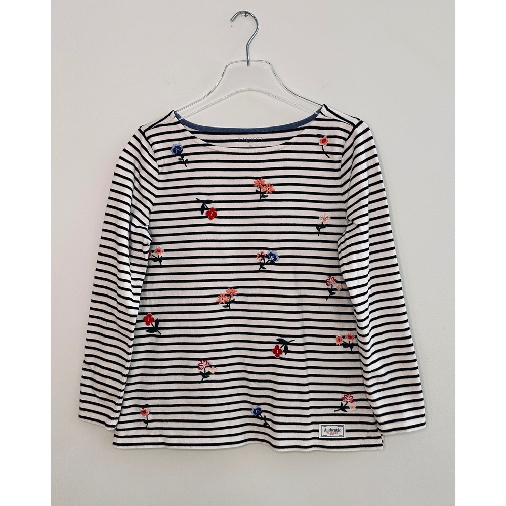 Talbots Authentic Navy White Striped Floral Embroidered Long Sleeve Tee Shirt MP